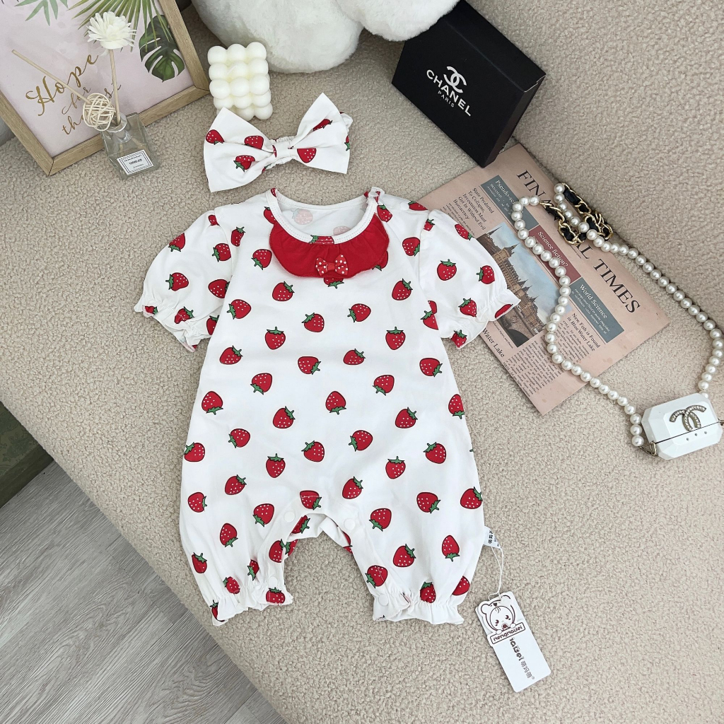Bodysuit Cho Bé Gái Tay Ngắn Họa Tiết Dâu Tây Cổ Tròn  QCCC - Mã 878