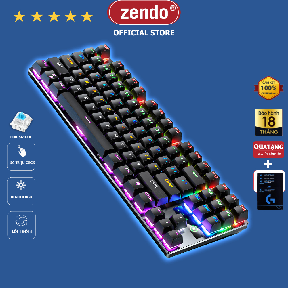 Bàn phím cơ gaming có dây có led rgb blueswitch TKL và fullsize ZK3 87  104 phím