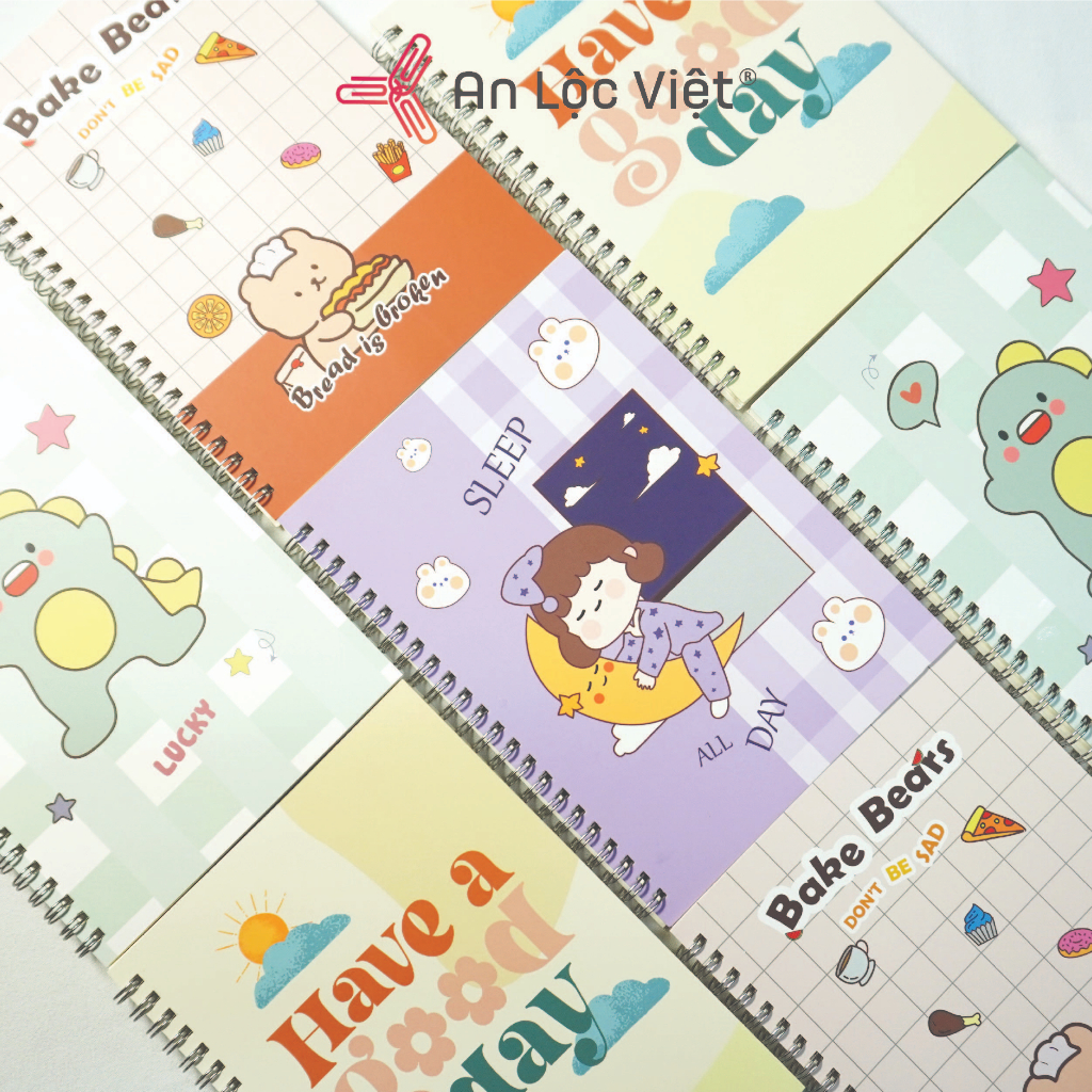 Sổ lò xo A5 160 trang kem kẻ caro, bìa cute dễ thương, giấy định lượng 70gsm, màu kem chống lóa mắt