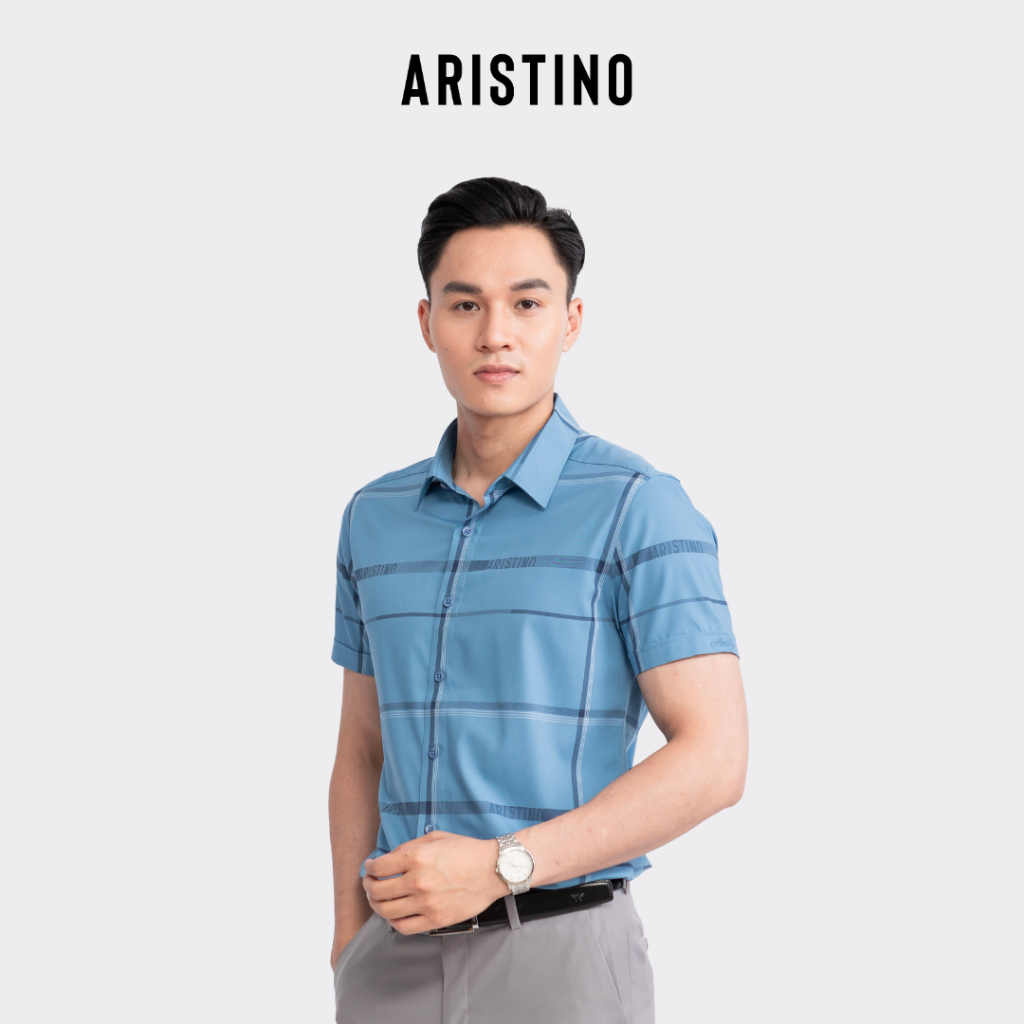 Áo sơ mi nam ngắn tay ARISTINO màu xanh kẻ trắng in logo Aristino tinh tế, ấn tượng - ASS020S3