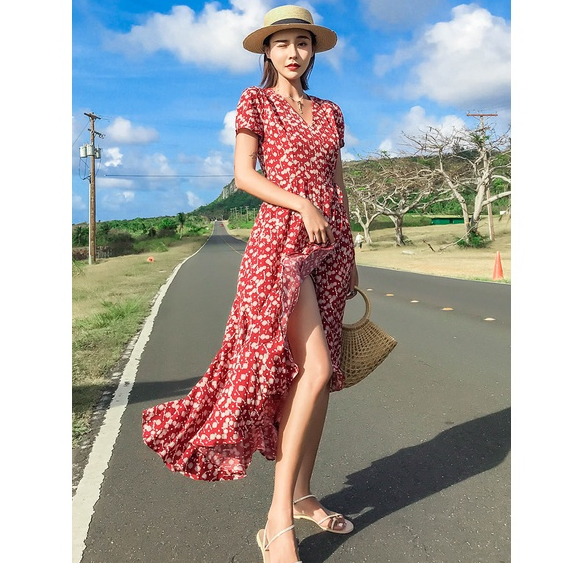 (ORDER) Váy maxi hoa nhí cổ V màu hoa đỏ đi biển xè tà đuôi cá gợi cảm mùa hè vintage