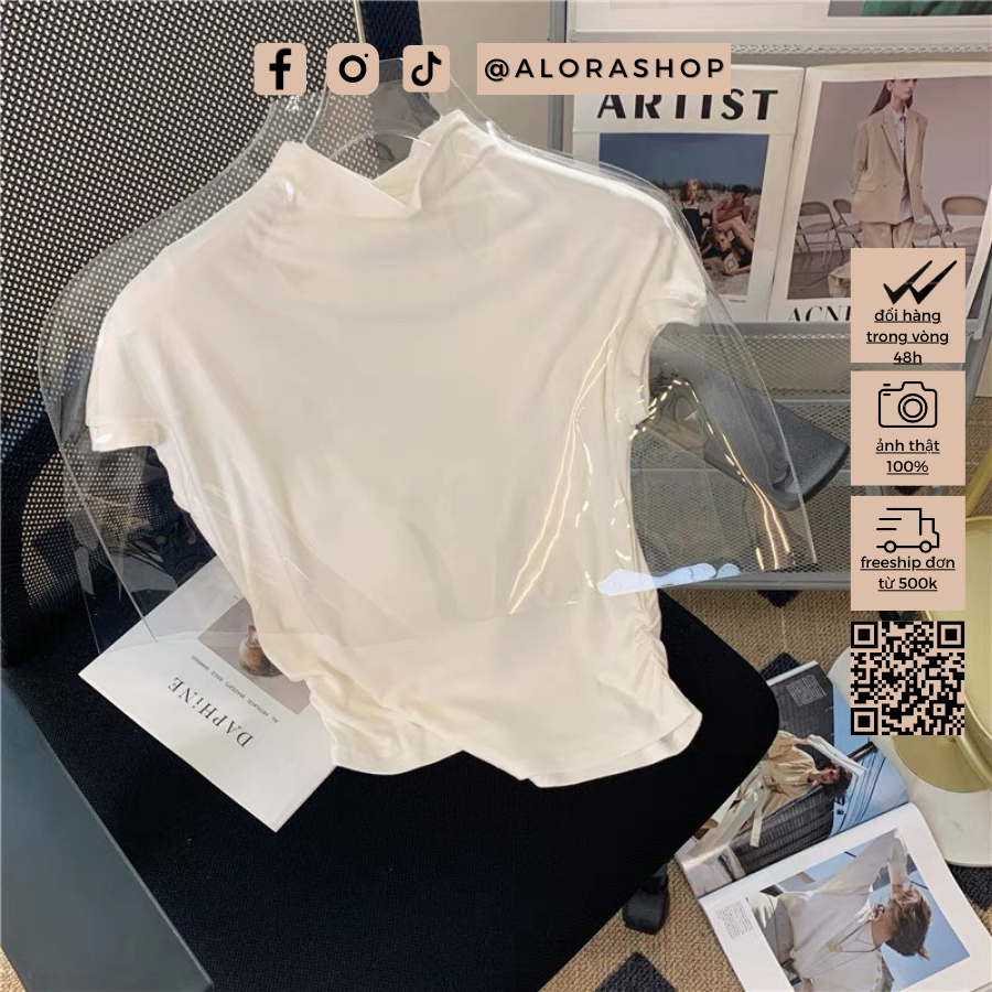 Áo thun cổ 3p tay hến dúm eo trắng, be, đen thời trang nữ Alora