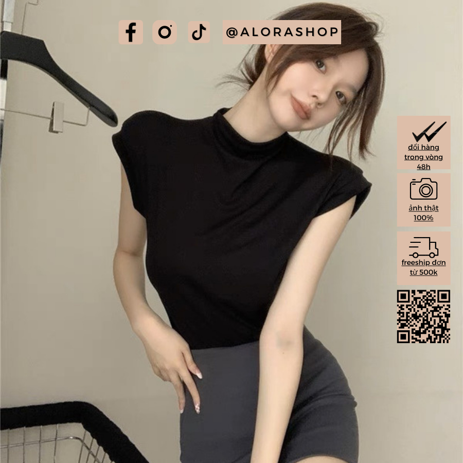 Áo thun cổ 3p tay hến dúm eo trắng, be, đen thời trang nữ Alora