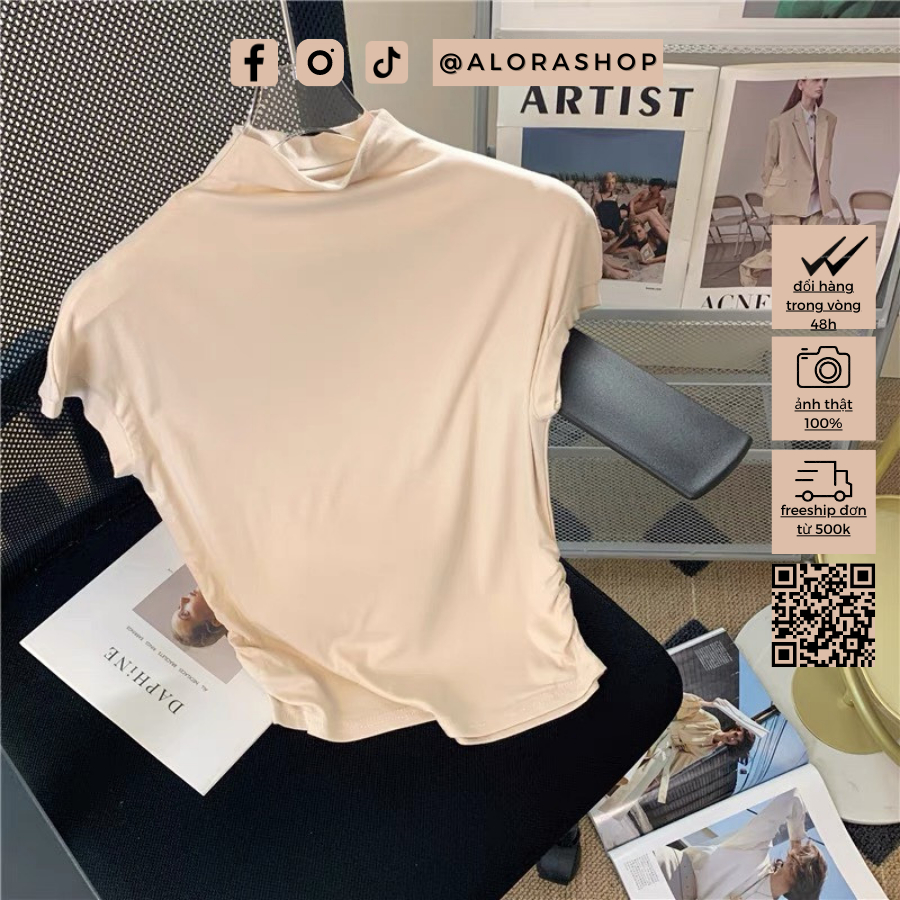 Áo thun cổ 3p tay hến dúm eo trắng, be, đen thời trang nữ Alora