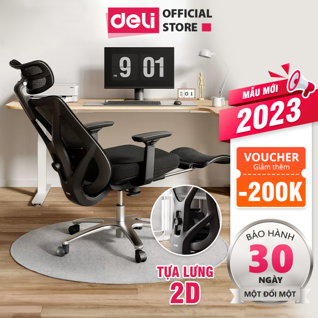 Ghế công thái học Deli KF230 Bảo Hành 3 năm điều chỉnh lưng hỗ trợ cột sống có gác chân ngả ghế 135 độ tựa tay 4D