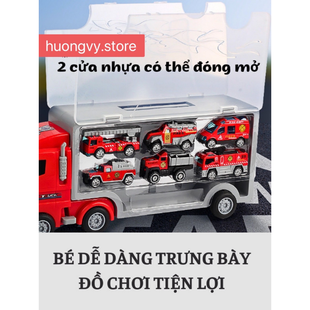 Đồ chơi Xe tải nhiều ngăn 6 trong 1 kèm 6 ô tô sắt, đồ chơi ô tô cho bé trai
