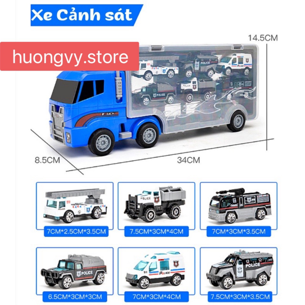 Đồ chơi Xe tải nhiều ngăn 6 trong 1 kèm 6 ô tô sắt, đồ chơi ô tô cho bé trai