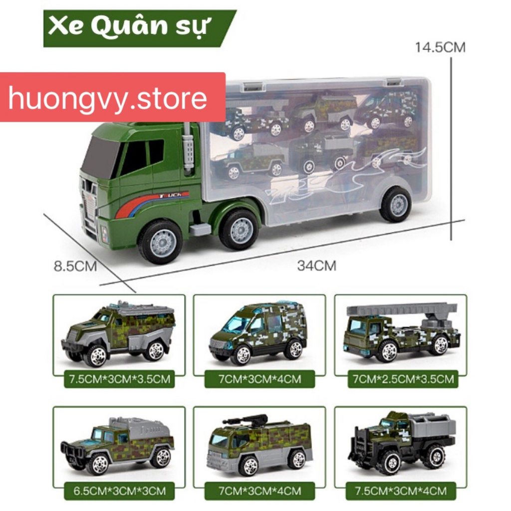 Đồ chơi Xe tải nhiều ngăn 6 trong 1 kèm 6 ô tô sắt, đồ chơi ô tô cho bé trai