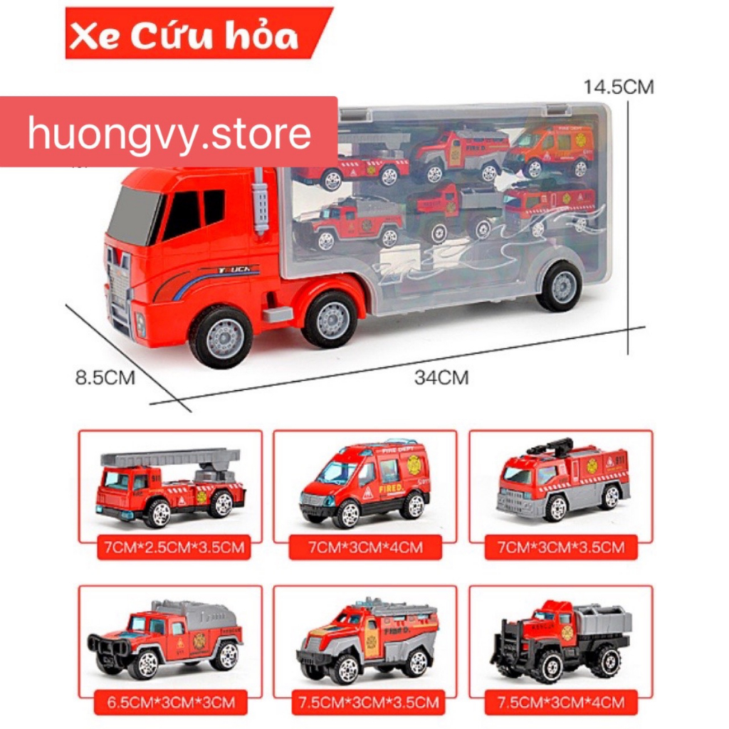 Đồ chơi Xe tải nhiều ngăn 6 trong 1 kèm 6 ô tô sắt, đồ chơi ô tô cho bé trai