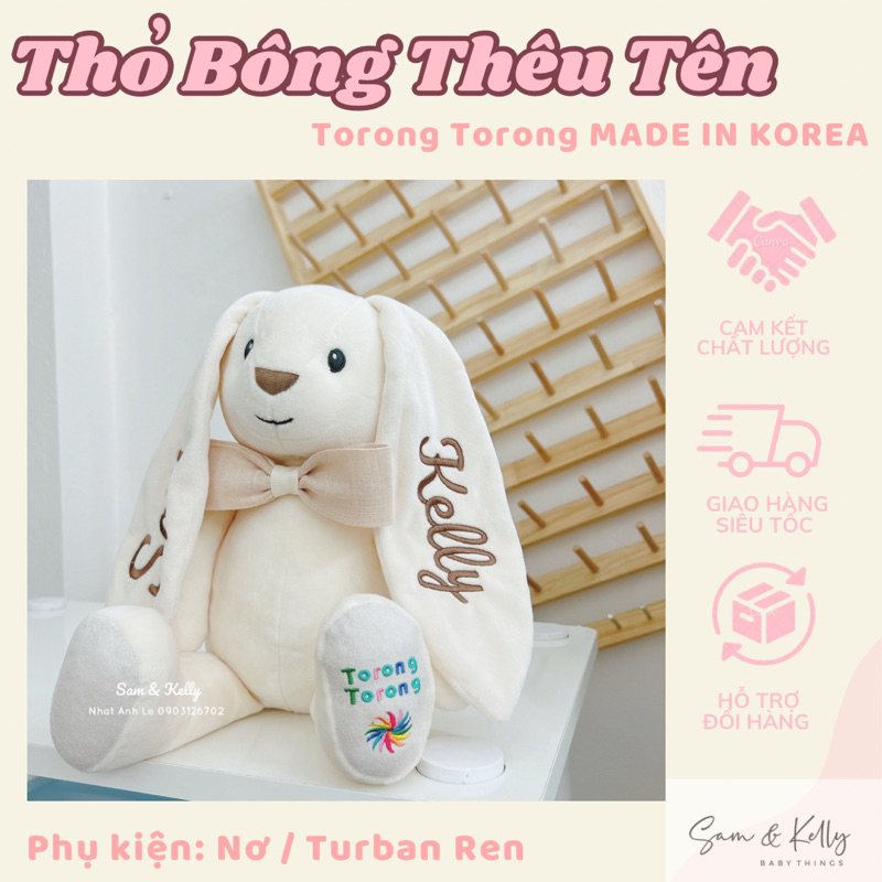 Thỏ Bông ORGANIC TORONG Thêu Tên Bé - Made in Korea