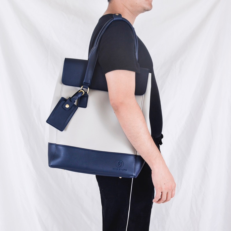 Túi da KHÔISTORE | Max_Túi tote balo đeo chéo đa năng_Túi thiết kế_Hàng thủ công_Túi du lịch_Công sở_Màu xám phối navy
