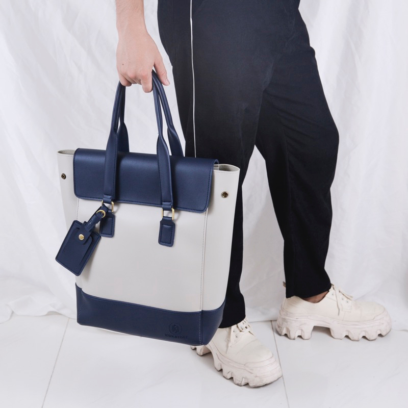 Túi da KHÔISTORE | Max_Túi tote balo đeo chéo đa năng_Túi thiết kế_Hàng thủ công_Túi du lịch_Công sở_Màu xám phối navy