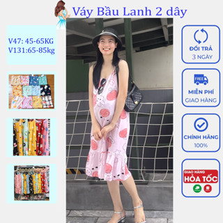 Váy bầu 2 dây dễ thương, chất lanh mềm mát, mặc nhà, mặc ngủ thoải mái