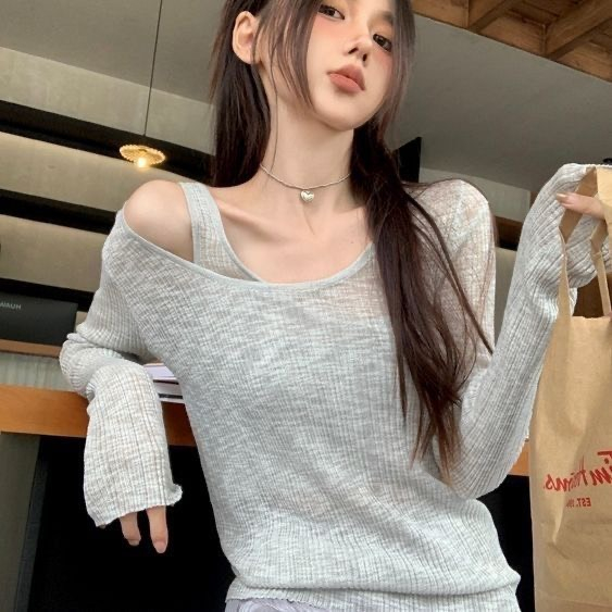 Set áo dài tay mỏng mùa thu chất gân lưới màu trơn hồng và ghi cơ bản dễ phối