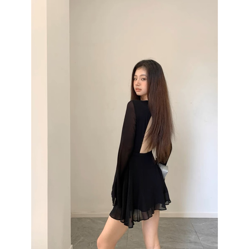 Đầm Voan Lưới Tay Loe Dài Mềm Mại Có Dây Thắt Eo Giữa Siêu Sang