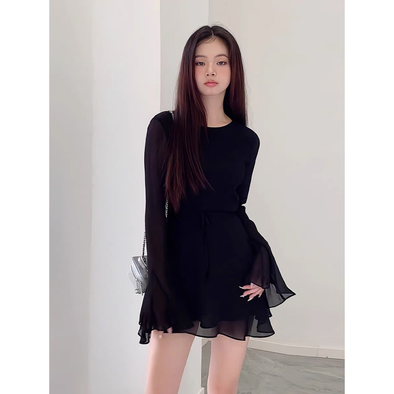 Đầm Voan Lưới Tay Loe Dài Mềm Mại Có Dây Thắt Eo Giữa Siêu Sang