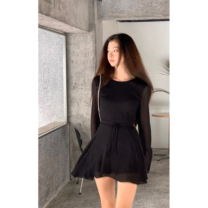 Đầm Voan Lưới Tay Loe Dài Mềm Mại Có Dây Thắt Eo Giữa Siêu Sang