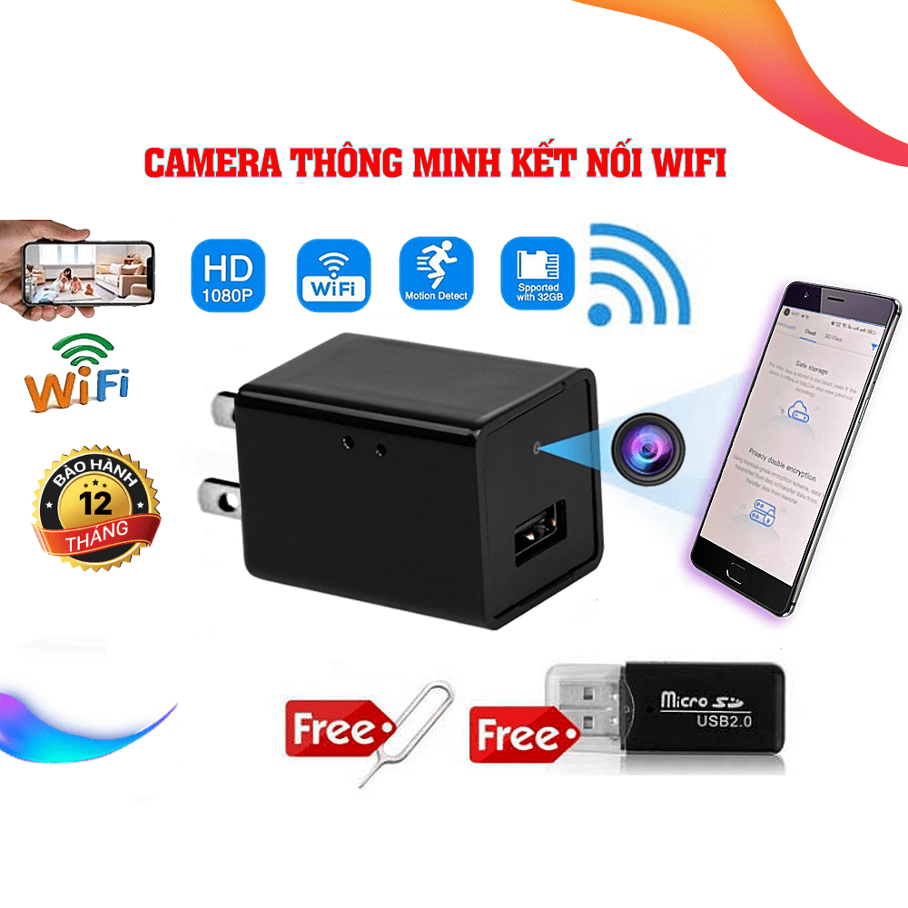 Camera giám sát wifi mini dạng củ sạc xem trực tiếp trên điện thoại, chất lượng video sắc nét 1080HD Tặng kèm thẻ nhớ 32