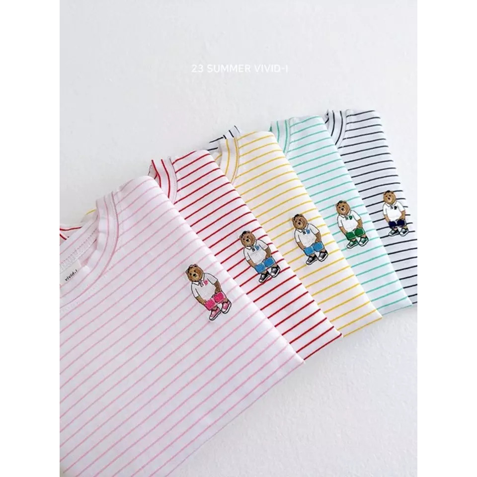 Vivid I Áo thun/phông cộc kẻ sọc ngang nhỏ Stripes Bear Hàn Quốc cho bé