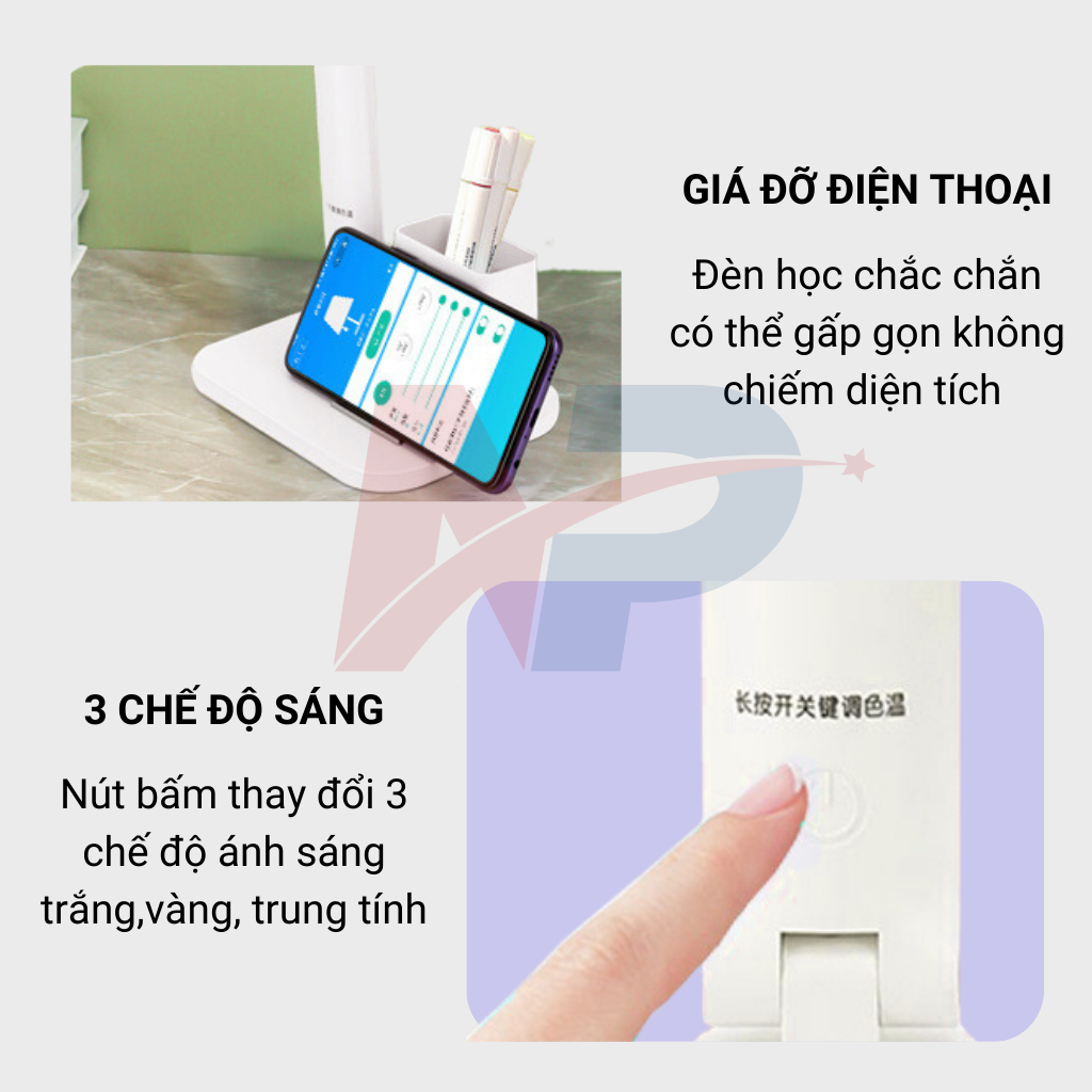 Đèn học để bàn chống cận tích điện Nhật Phong Solar NP-WD6072 3 chế độ sáng đổi màu,gấp gọn, có hộp đựng dụng cụ