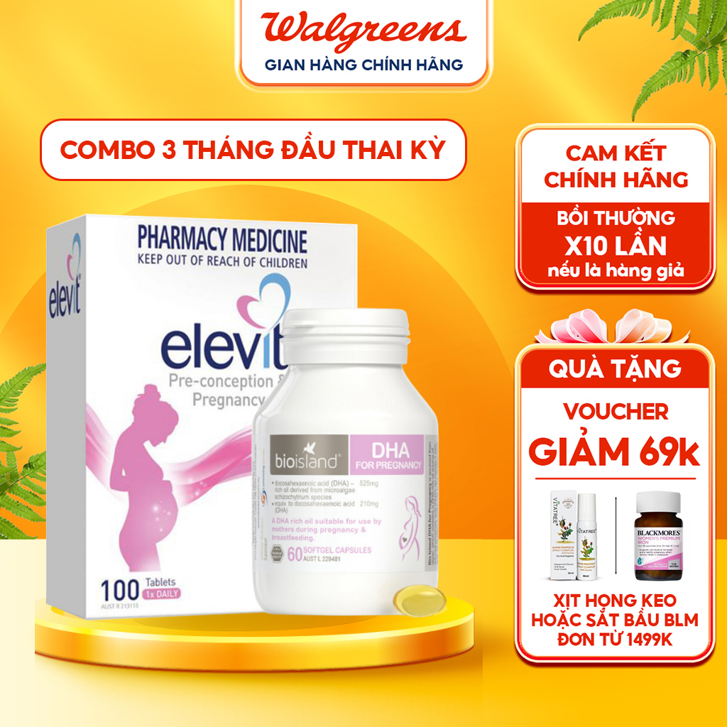 Combo chăm sóc mẹ bầu từ 0 đến 3 tháng Bioisland, Elevit vitamin tổng hợp mẹ khoẻ bé thông minh