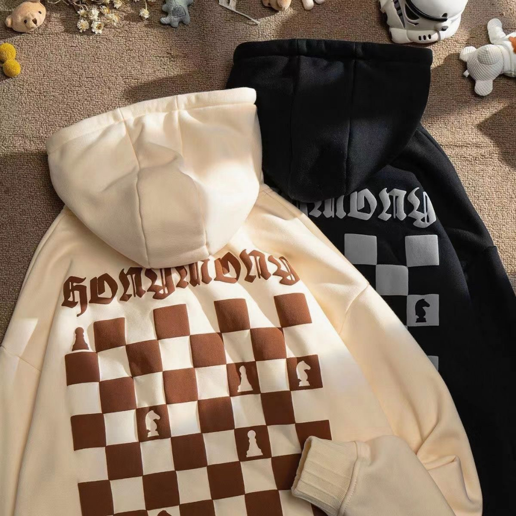 Áo hoodie Honymony 1998 peonyb unisex - Nỉ dài tay phồng in lưng bàn cờ caro phối mũ 2 lớp phong cách cá tính đường phố