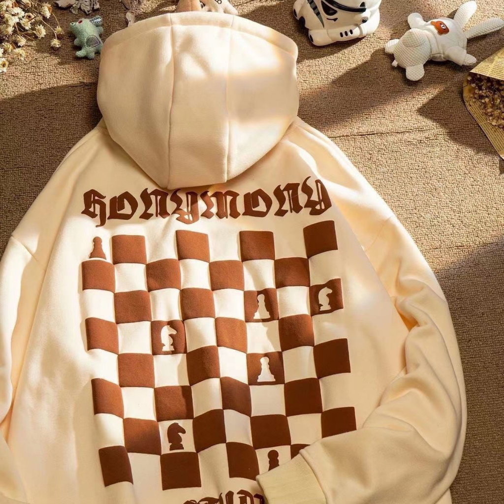 Áo hoodie Honymony 1998 peonyb unisex - Nỉ dài tay phồng in lưng bàn cờ caro phối mũ 2 lớp phong cách cá tính đường phố