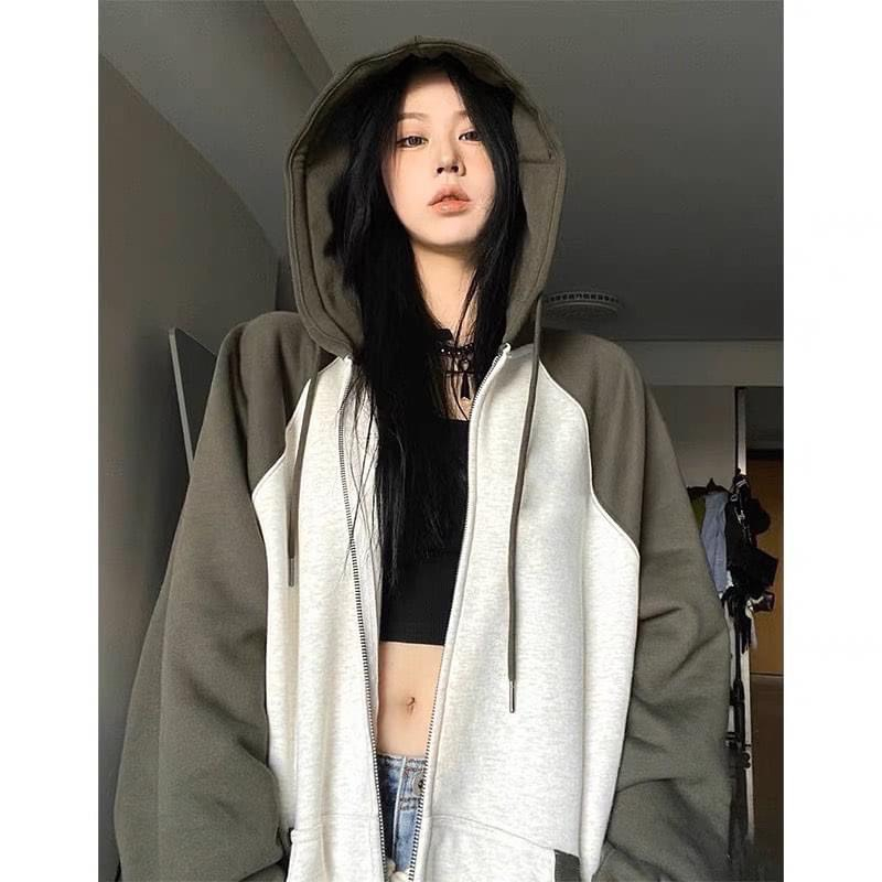 Áo khoác raglan nỉ xám phối tay rêu peonyb unisex - Khoát jacket form rộng tay bồng bánh bèo hotgirl cá tính đường phố