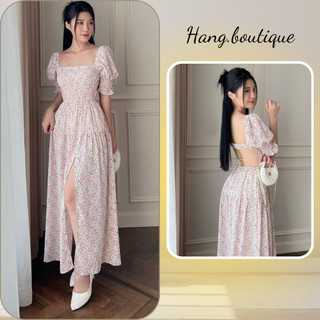  Đầm hoa xẻ tả đi biển Đầm maxi nữ cổ vuông hở lưng gợi cảm 