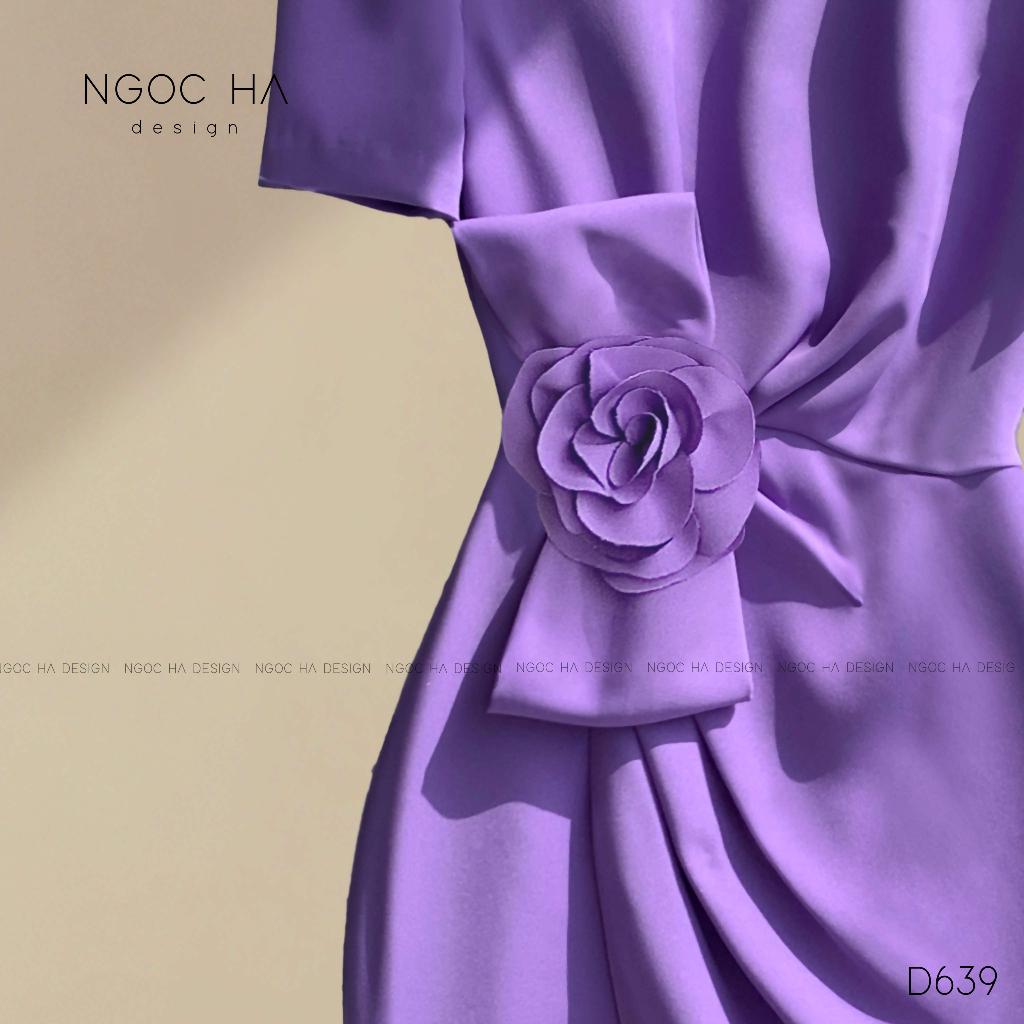 Đầm Thiết Kế Nữ Cao Cấp, Đầm Xếp Ly Eo Đính Nơ Hoa Màu Tím NGOC HA Design D639