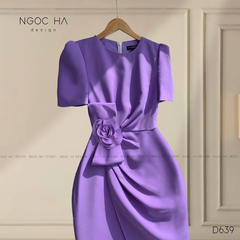 Đầm Thiết Kế Nữ Cao Cấp, Đầm Xếp Ly Eo Đính Nơ Hoa Màu Tím NGOC HA Design D639