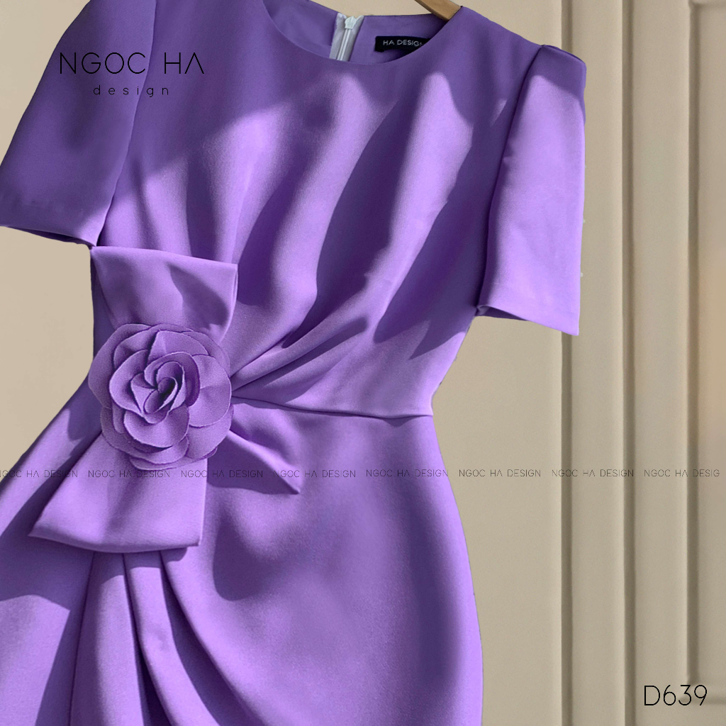 Đầm Thiết Kế Nữ Cao Cấp, Đầm Xếp Ly Eo Đính Nơ Hoa Màu Tím NGOC HA Design D639