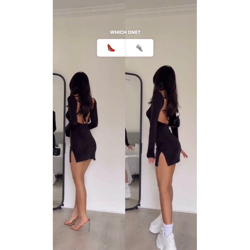 Váy đầm hở lưng thắt dây dài tay dáng ôm body xẻ ngắn - SGGz
