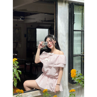 Sarah Set trễ vai tiểu thư bo chun chiết eo đính kèm nơ