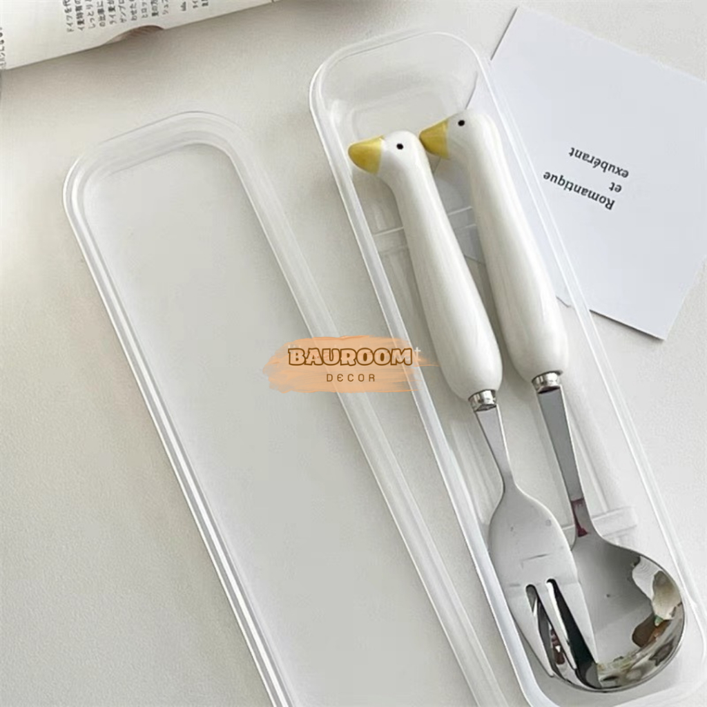 Bộ muỗng đũa nĩa sứ,inox tạo hình chú vịt