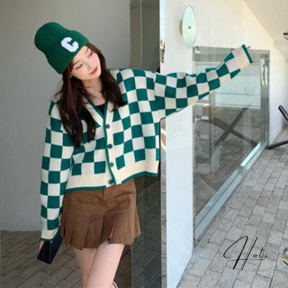 Áo Khoác Cardigan Len Nữ Dài Tay Cổ Chữ V Form Rộng Kiểu Croptop Hàn Họa Tiết Kẻ Sọc Caro Xanh -TA029 - HOTIVN
