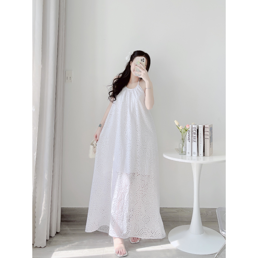 Đầm Maxi , đầm ren cổ yếm dáng dài fom rộng