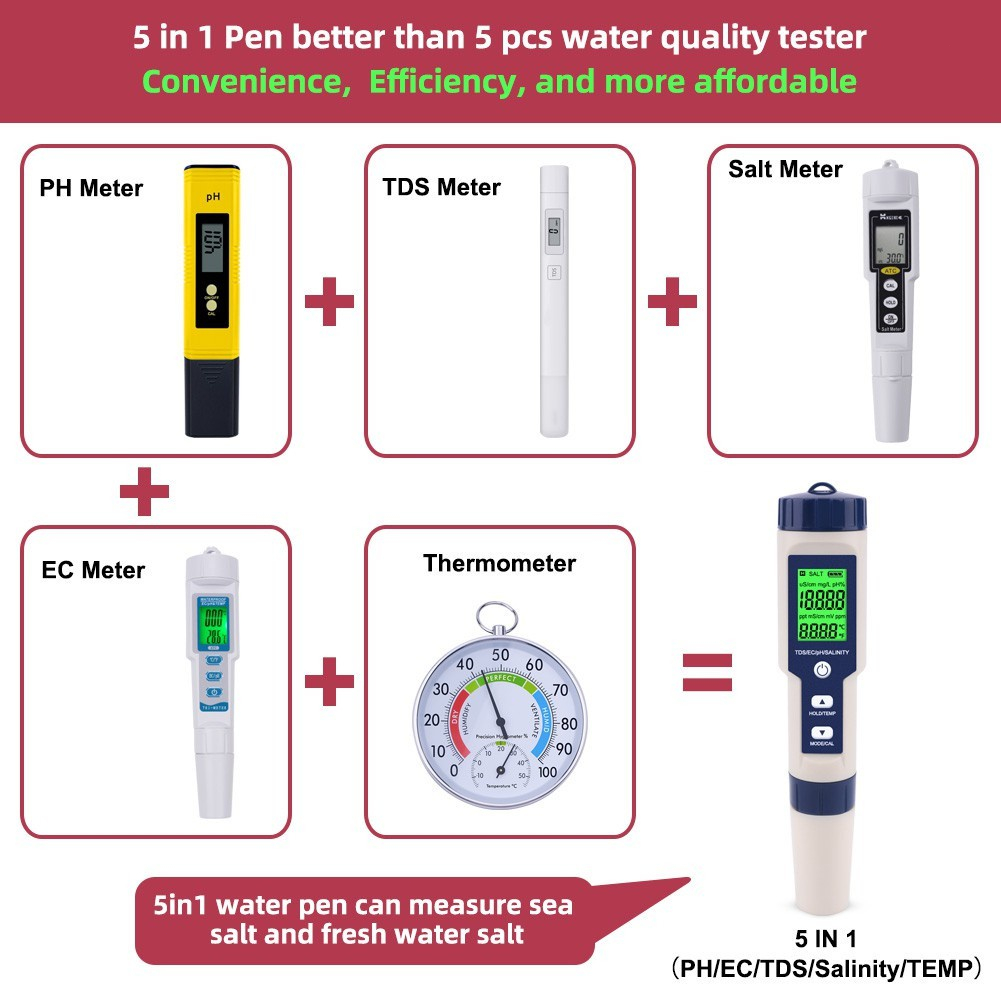 Bút kiểm tra chất lượng nước, đo độ mặn nước 5 là 1 pH/TDS/EC/độ mặn/nhiệt độ, kèm theo 3 gói pH tiêu chuẩn