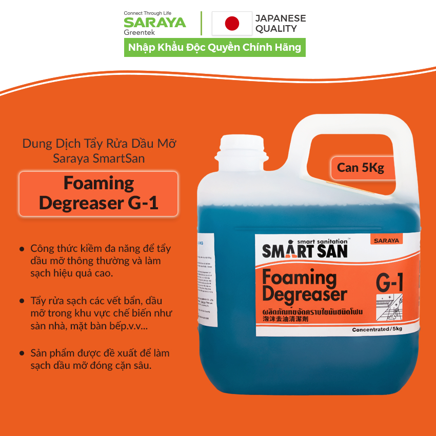 Dung dịch tẩy rửa dầu mỡ Saraya Smart San Foaming Degreaser G-1 - Can 5Kg