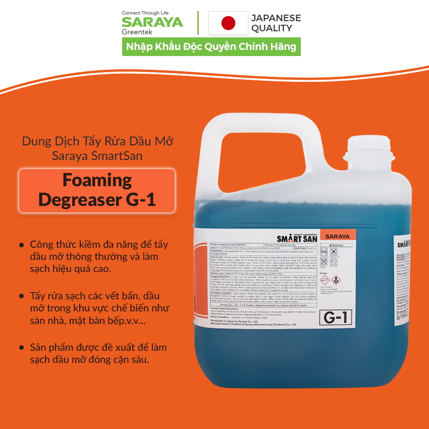 Dung dịch tẩy rửa dầu mỡ Saraya Smart San Foaming Degreaser G-1 - Can 5Kg