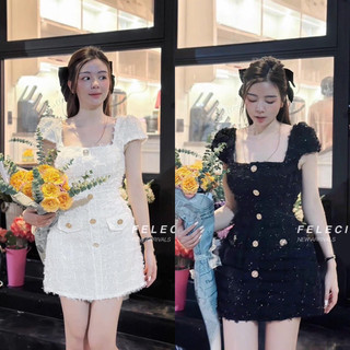 Váy Nữ Thiết Kế Dạ Phối Lông Cổ Vuông Cúc Đồng Sang Chảnh Hàng 2 Lớp Lót Lụa Kèm Ảnh Thật