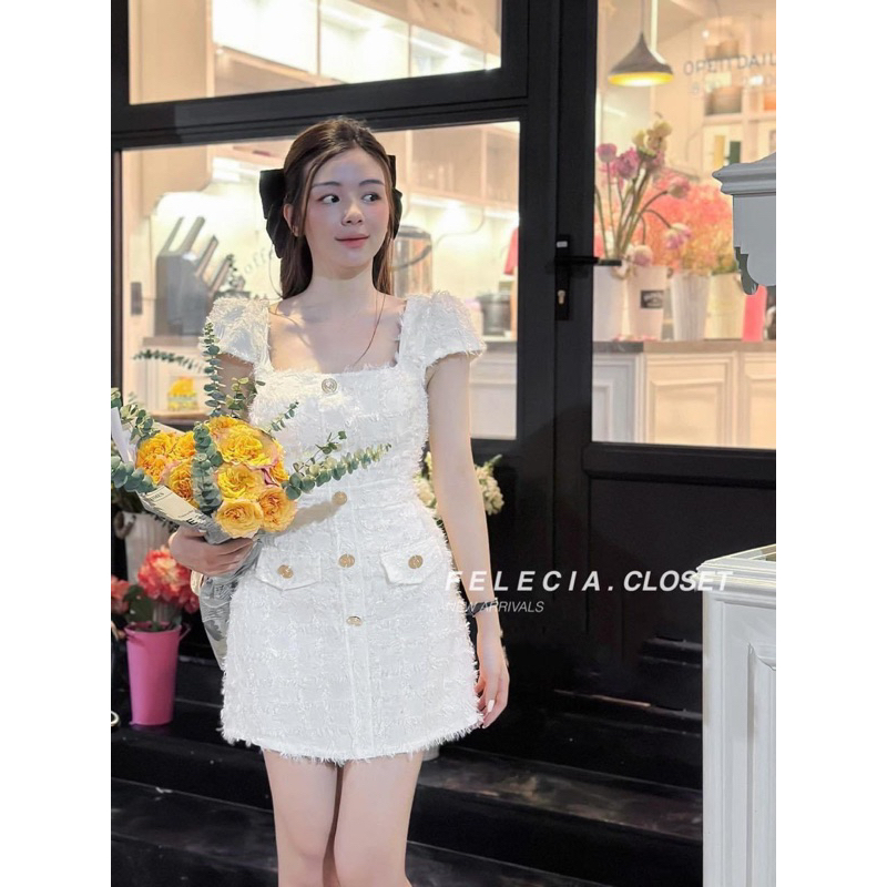 Váy Nữ Thiết Kế Dạ Phối Lông Cổ Vuông Cúc Đồng Sang Chảnh Hàng 2 Lớp Lót Lụa Kèm Ảnh Thật