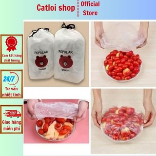 Combo 100 màng bọc thực phẩm PE túi gấu siêu co dãn, túi nilon bọc đồ ăn, chùm đầu