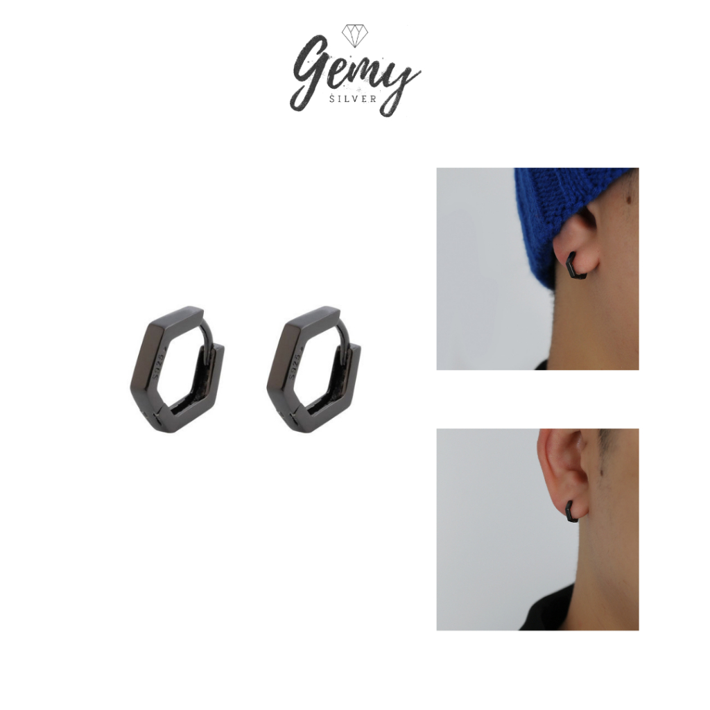 Khuyên tai nam bạc 925 lục giác đen đơn giản unisex (1 chiếc) | GEMY SILVER KN92