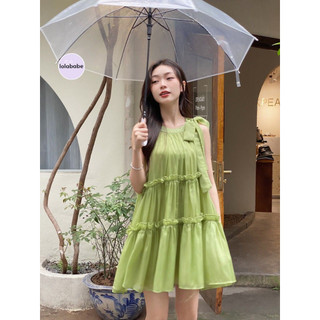 Váy tơ cổ yếm nơ 3 tầng phong cách tiểu thư v455