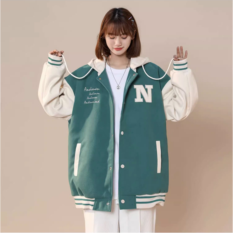 Áo hoodie nữ - khoác nỉ Bomber Unisex thêu chữ N, có mũ 2 lớp dày dặn ulzzang phong cách Hàn Quốc, có Cúc bấm