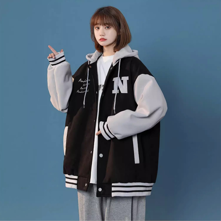 Áo hoodie nữ - khoác nỉ Bomber Unisex thêu chữ N, có mũ 2 lớp dày dặn ulzzang phong cách Hàn Quốc, có Cúc bấm