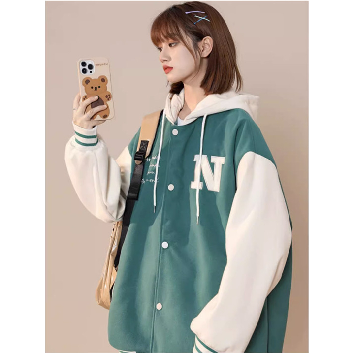 Áo hoodie nữ - khoác nỉ Bomber Unisex thêu chữ N, có mũ 2 lớp dày dặn ulzzang phong cách Hàn Quốc, có Cúc bấm