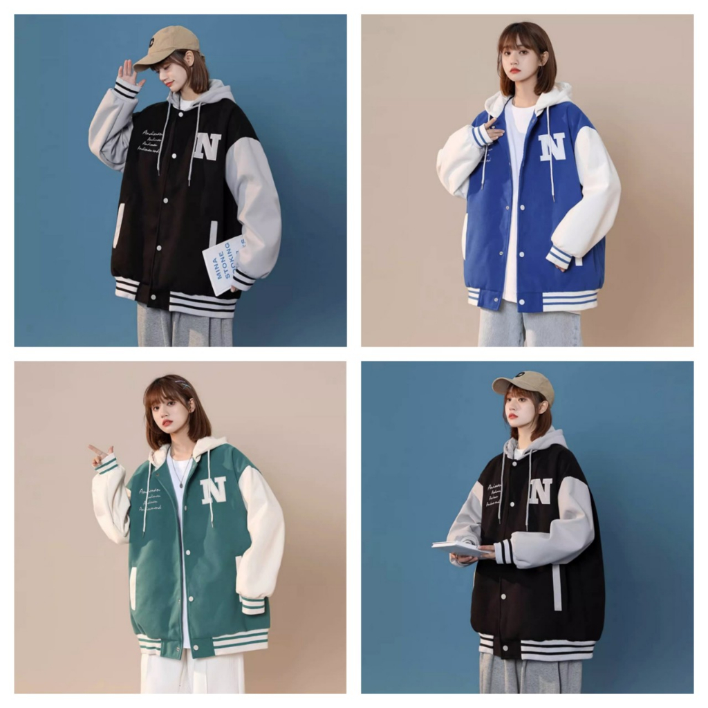 Áo hoodie nữ - khoác nỉ Bomber Unisex thêu chữ N, có mũ 2 lớp dày dặn ulzzang phong cách Hàn Quốc, có Cúc bấm