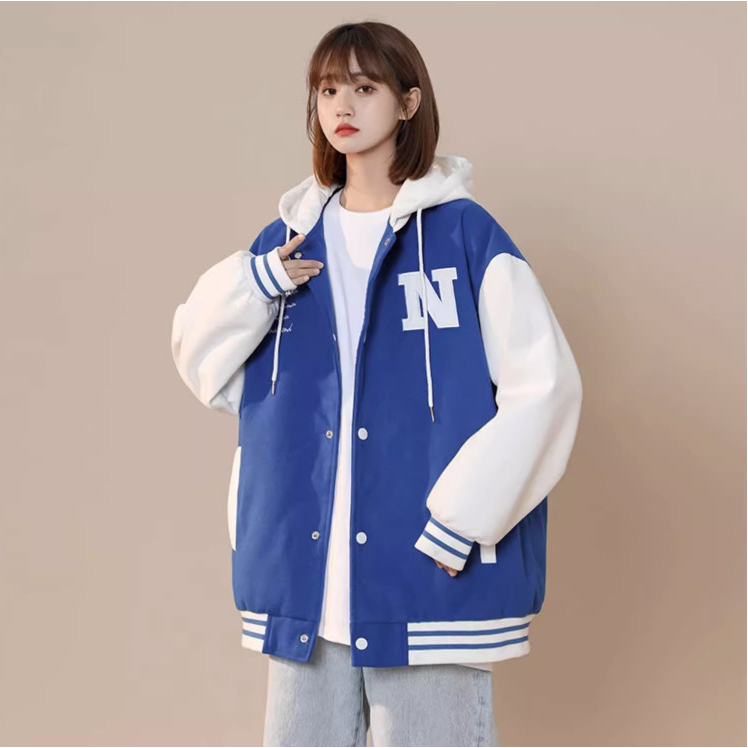 Áo hoodie nữ - khoác nỉ Bomber Unisex thêu chữ N, có mũ 2 lớp dày dặn ulzzang phong cách Hàn Quốc, có Cúc bấm